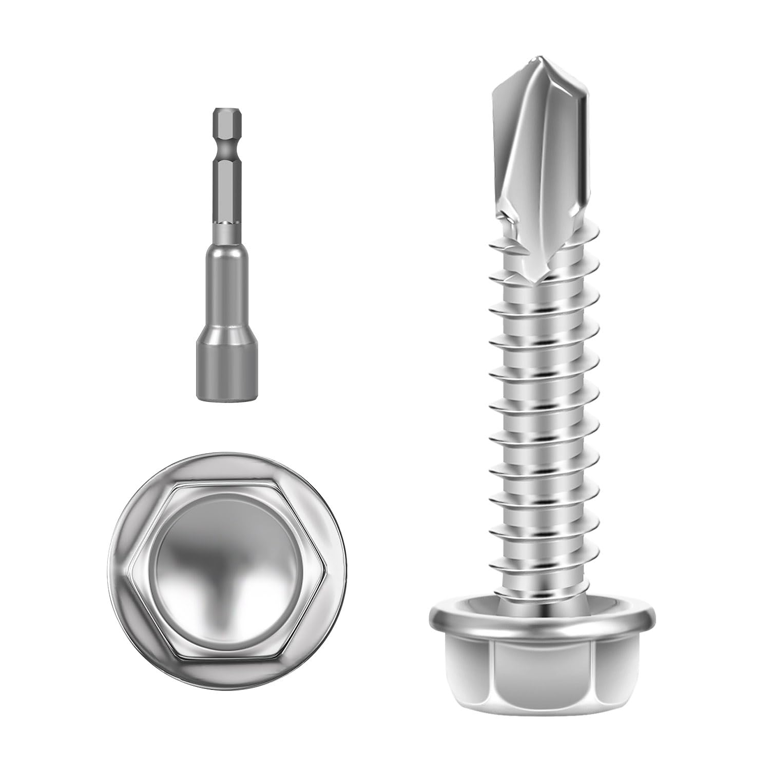 View 1 of #14 x 1-1/4" (100 PCS) Sheet Metal Screws, Hex Washer Head Self Drilling Screw, 410 Stainless Steel Flanged Fast Self Tapping Screws