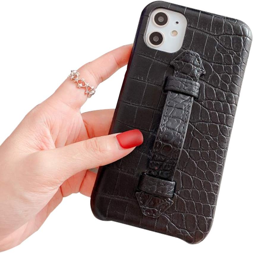 QYAYQ Case Leather Texture for iPhone 11/11 Pro/11 Pro Max with Finger Strap Scratch-Resistant Shockproof Slim Kickstand Phone Case,Black,11 PRO