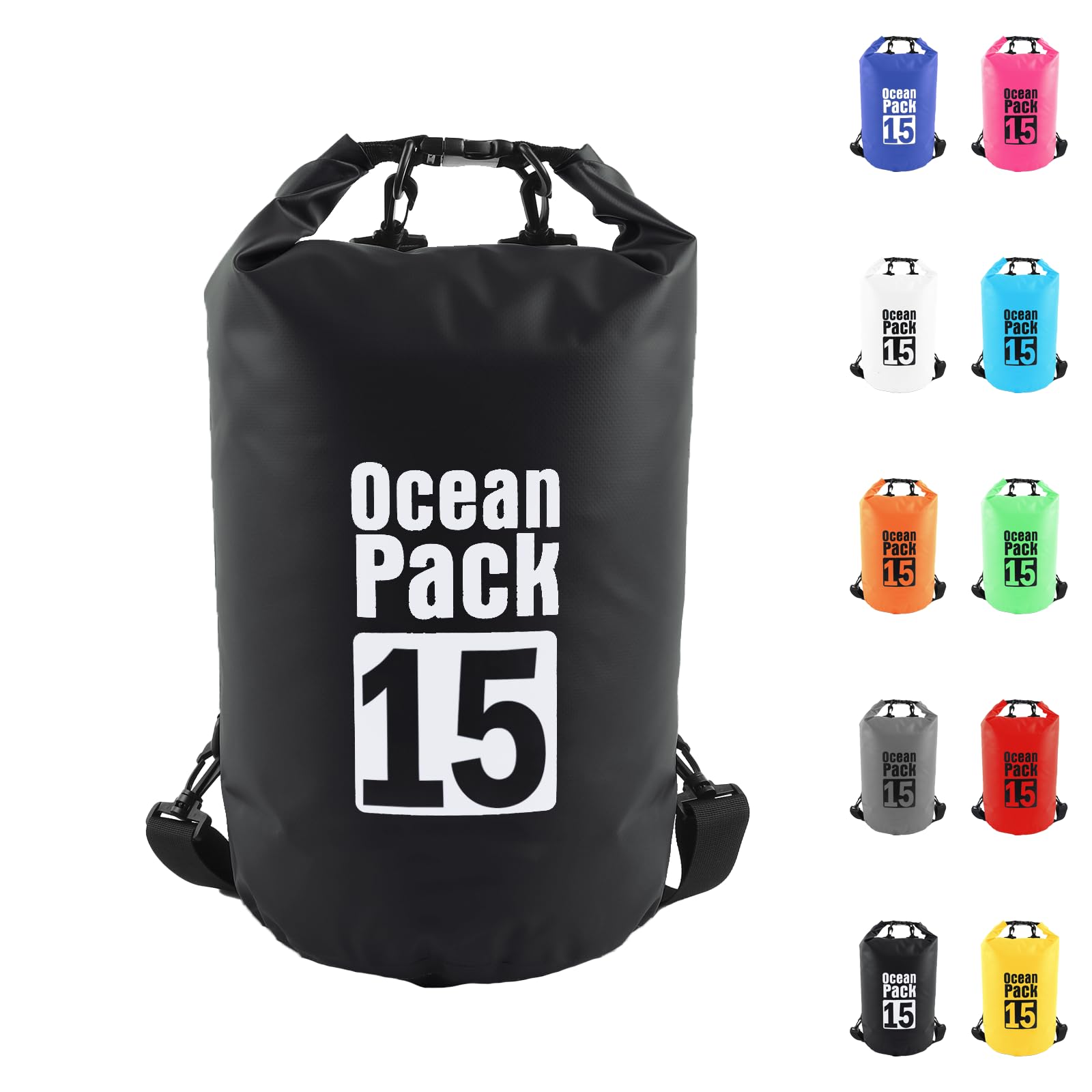 Dry Bag 15L, Boat Dry Bags Black Waterproof Bag Dry Sack Roll Top Long Adjustable Shoulder Strap 2L/5L/10L/20L/30L/40L for Drifting Boating Kayaking Fishing Rafting Swimming Camping Canoeing Surfing