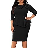 FANDEE Women's Plus Size Work Dress 3/4 Sleeve Formal Midi Ruffle Bodycon Pencil Dresses