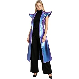 Jugaoge Women Cap Sleeve Shiny Pvc Trench Coat Reflective Streetwear Open Front Cardigan Lapel Long Coat