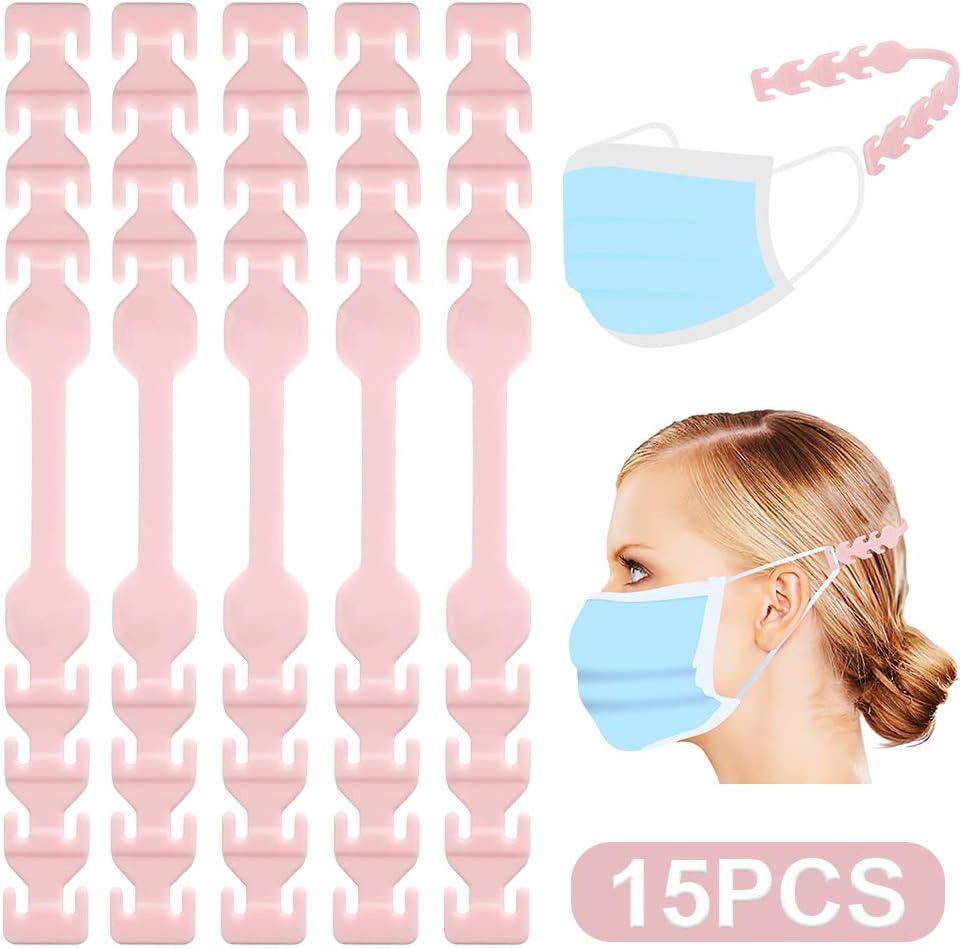 TOOVREN Breath Mask Anti-Slip Extension Hook Buckle Ear Grips Hook Silicone for Mask Ear Protection Reusable 8 Gear Adjustable Extension Hook for Tight Mask Ear Straps (Pink 15 Pcs)
