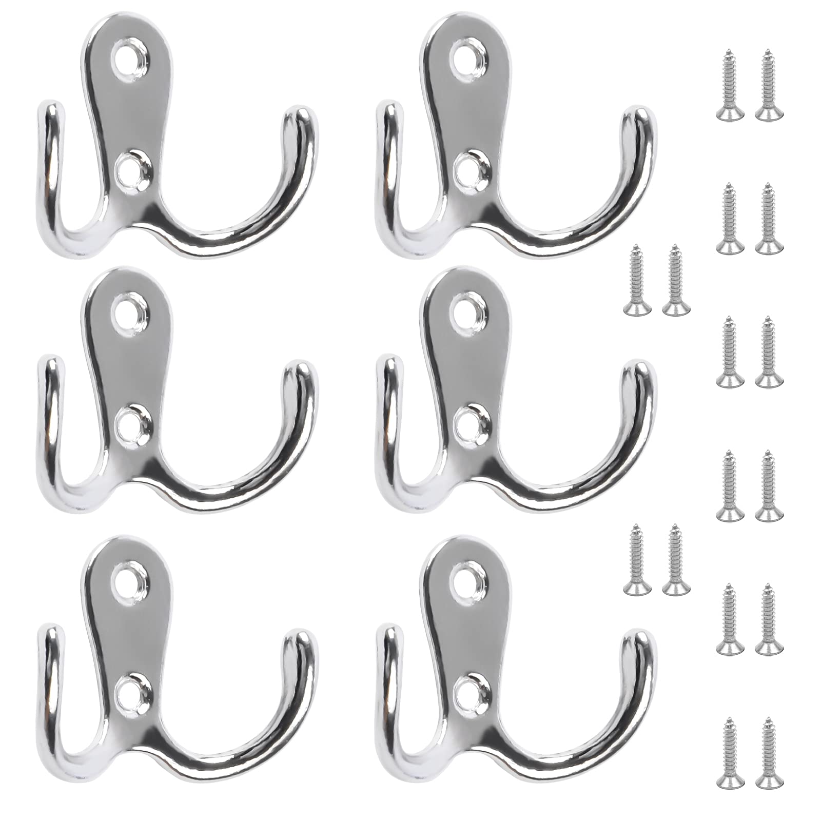 Hiyouer 6 PCS Dual Coat Door Hooks, Double Prong Wall Mounted Hooks with 16 PCS Screws for Hanging Hat Tie Clothes Towel Metal Retro Cloth, Chrome Hanger for Bedroom Bathroom Kitchen,Silver