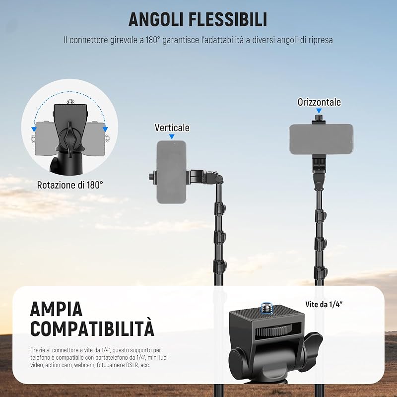 BASIC Treppiede Telefono per iPhone Fotocamera con Telecomando e Portatelefono, 66" Selfie Stick Phone Stand in Metallo per Vlog Viaggio, Supporto Fotocamera e Cellulare per Video Film, TS03