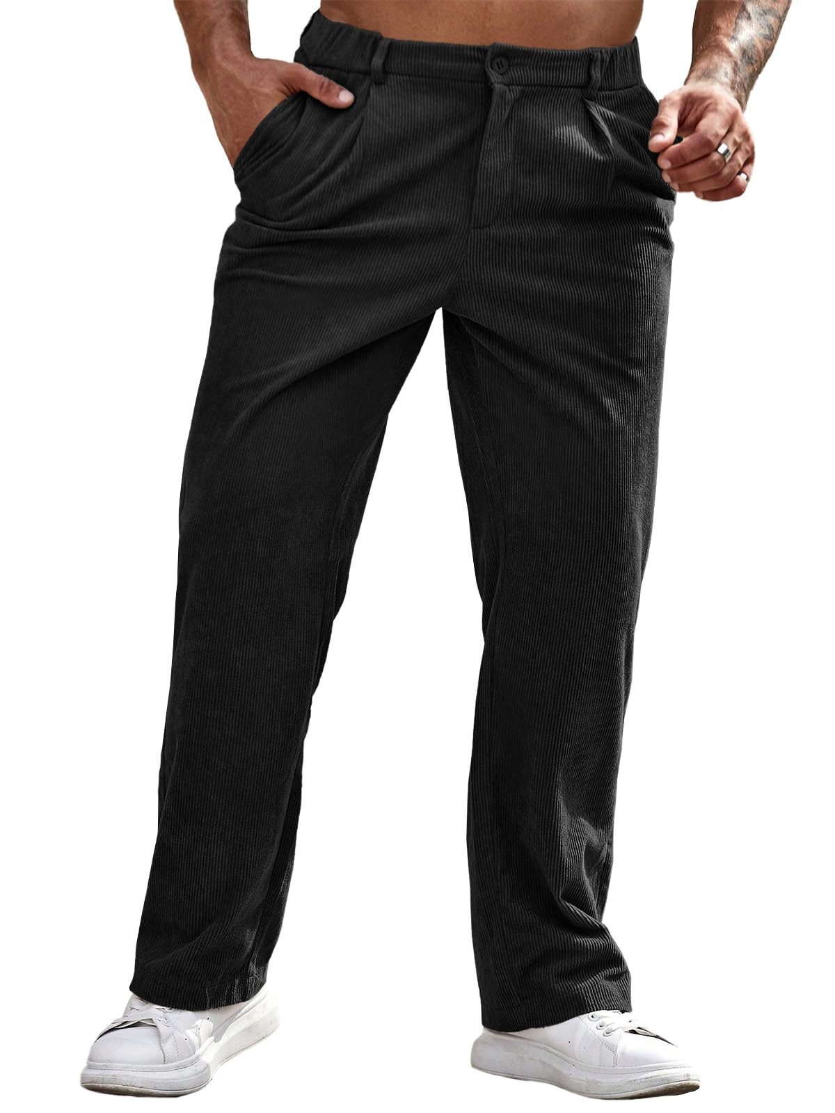 Photo 1 of Runcati Mens Corduroy Pants Elastic Waist Straight Leg Casual Pleated Pants with Pockets Black XL