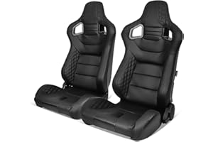 IKON MOTORSPORTS, Universal Racing Seats with 14" Dual Sliders, Black PU & Carbon Leather Back W/Diamond Stitching Reclinable Sport Bucket Seats for Cars, 1 Pair Driver + Passenger Side 2PC
