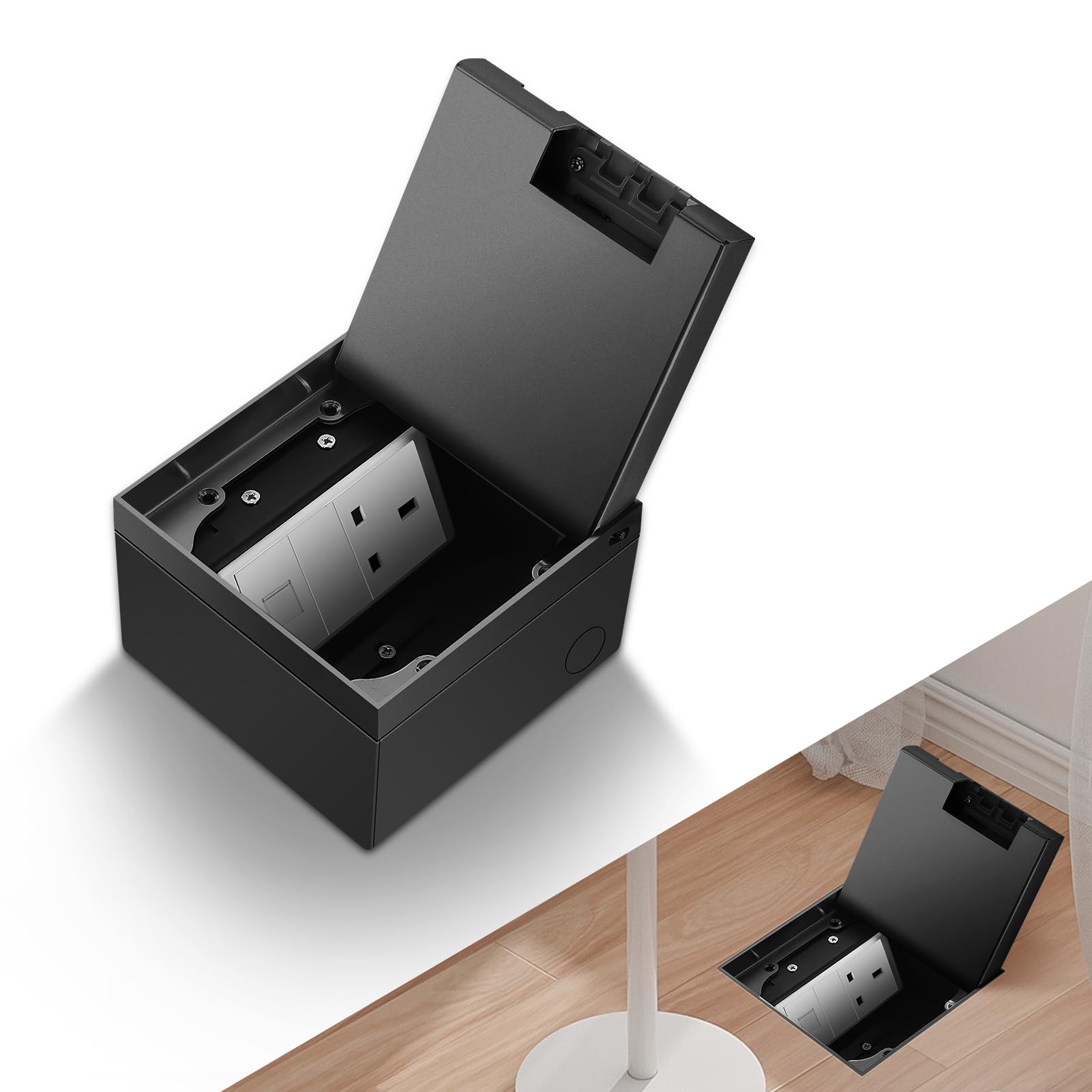 Recessed Hidden Floor Socket Kit, Floor Electrical Outlet Box with 13A Tamper-Resistant Receptacle, Corrosion-Resistant Cover for Kitchen, Office, Public Areas (Black, Rj45)