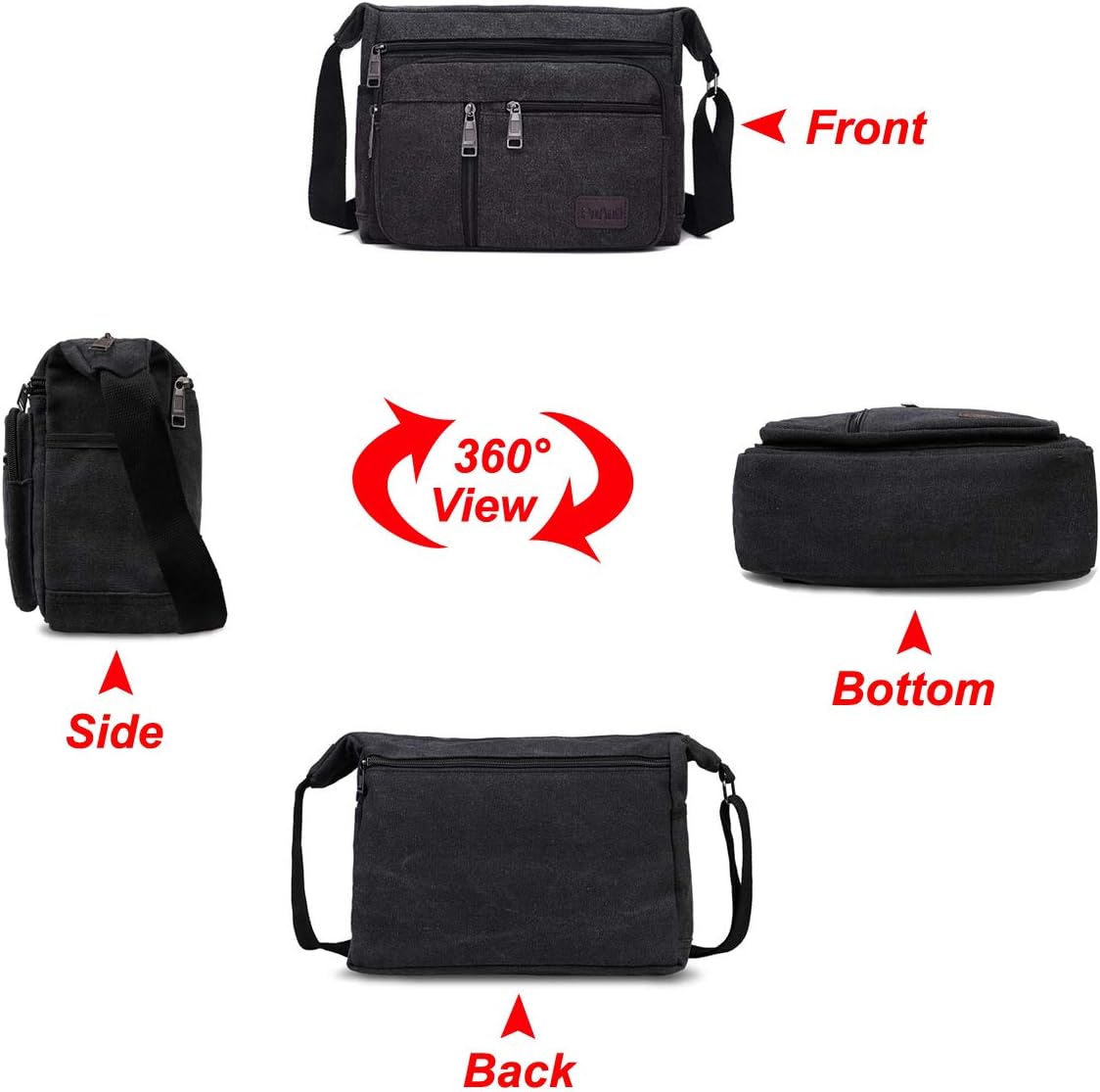 BOMKEE Messenger Bags for Men Shoulder Bag Water Resistant Canvas Crossbody Bag, Women Multi Pocket Casual Travel Bag (Black) - Image 4