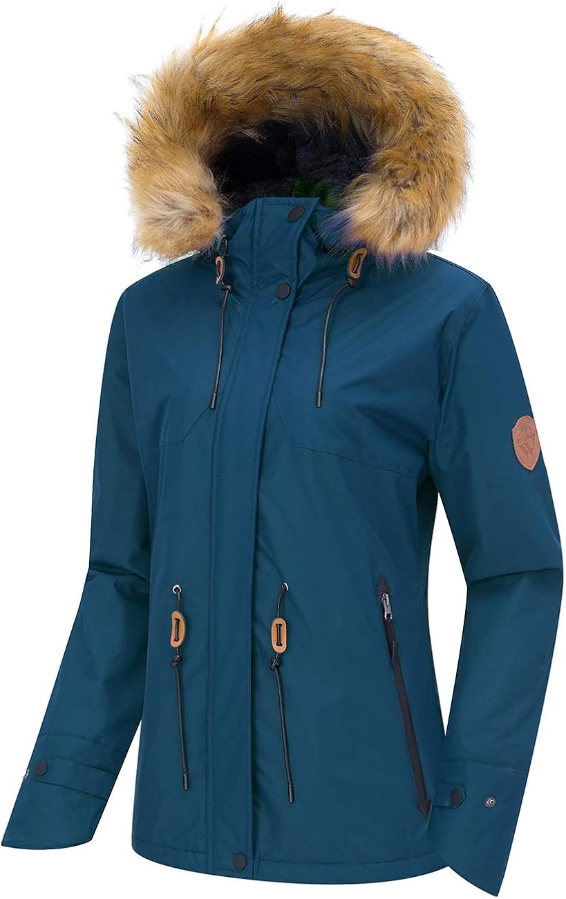 Wantdo Women's Waterproof Ski Jacket Hooded Winter Snow Coat Mountain Snowboarding Jackets Insulated Fleece Parka: Clothing