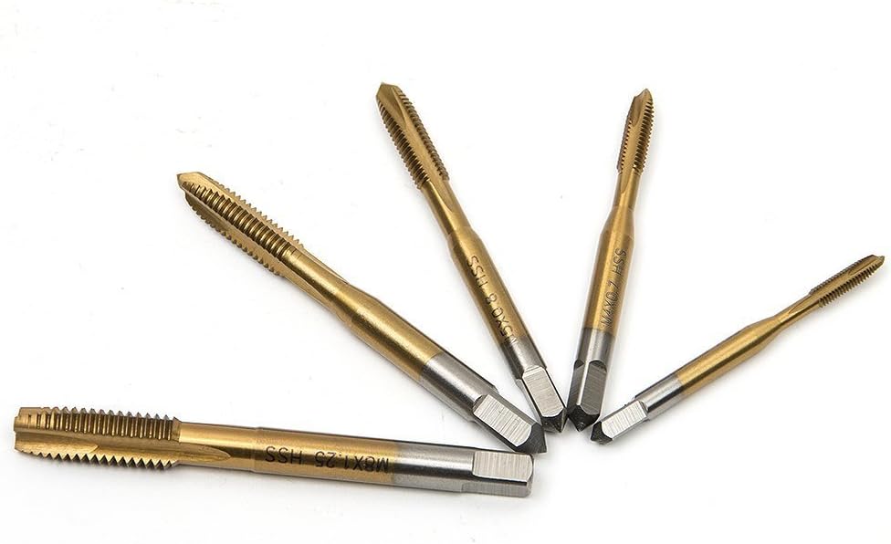 Malayas Tap & Die Set, Malayas 5pcs Titanium Coated HSS M3 M4 M5 M6 M8 Right Hand Tap Machine Spiral Point Straight Fluted Screw Thread Plug Tap & Bottoming Tap - Image 4