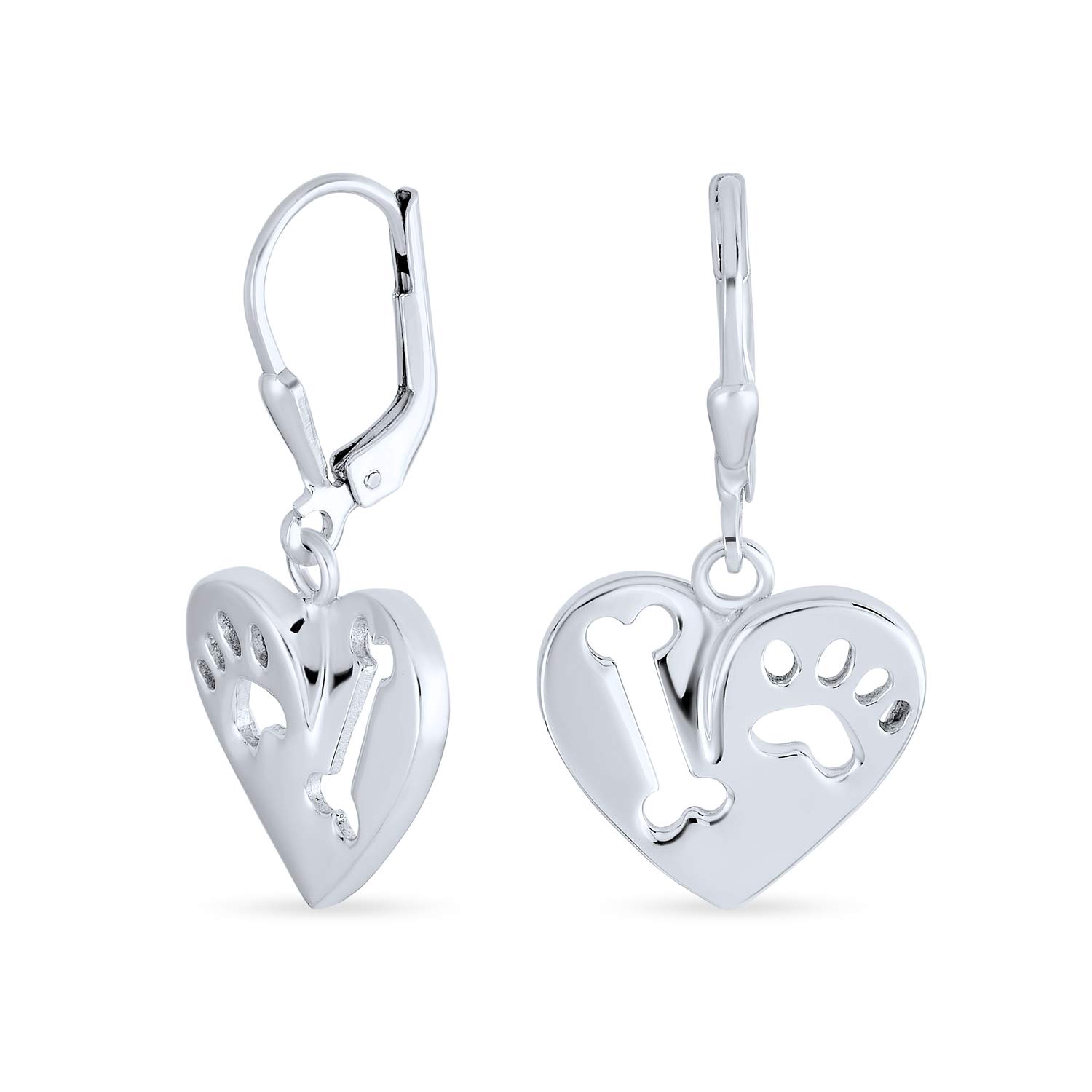 I Love My Dog Heart Shape Cut Out Puppy Pet Bone Animal Lover Paw Print Drop Dangle Lever back Earrings For Women .925 Sterling Silver