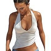Lancifolium Deep V Neck Backless Double-Lined Halter Tops for Women Summer 2025 Trendy Party Going Out Cropped Tops