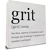 Inspirational Grit Definition Art Wooden Box Sign Grit Minimalist Desk Decorative Wooden Sign Home Office Decor for Table Shelf 5 x 5 Inches