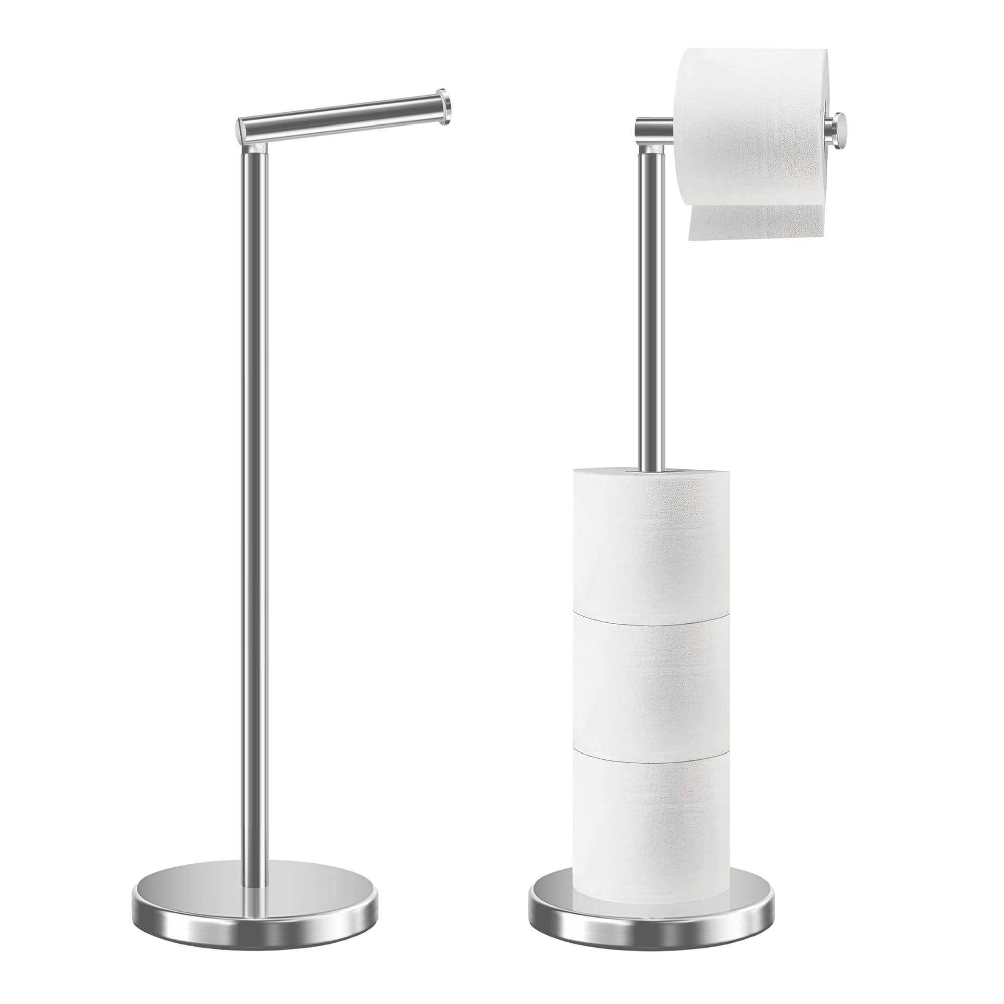HOMEZI Toilet Roll Holder Free Standing with HEAVY BASE, Premium Toilet Roll Stand, Stainless Steel loo roll holder for Bathroom 2 in 1 Holder and Storage for 5 Rolls - Chrome