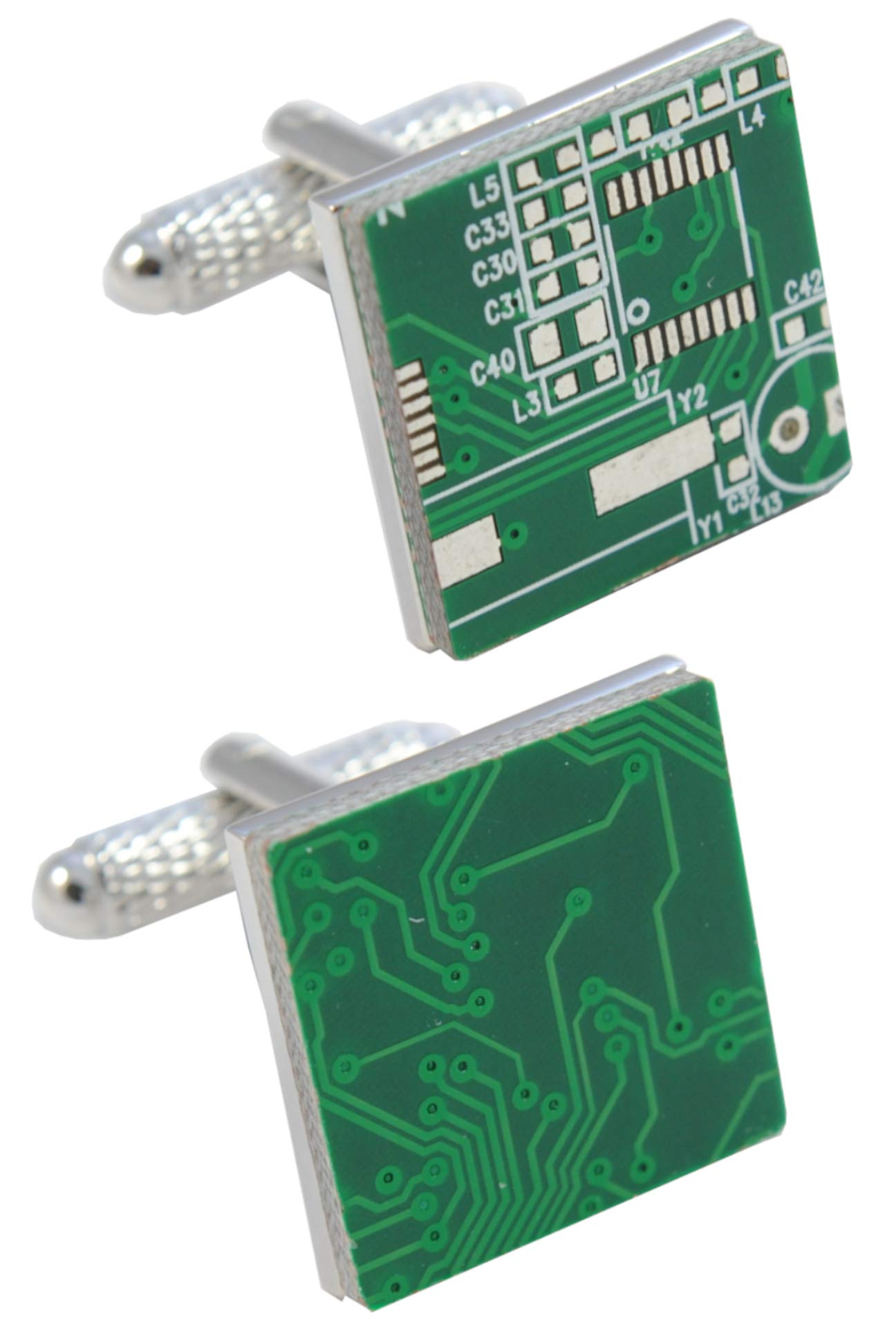 Cufflinks for Men + Presentation Box - Green - Circuit Board - Brass Metal - PC Computer IT Electric Technology - Green and Silver Colours - One Pair