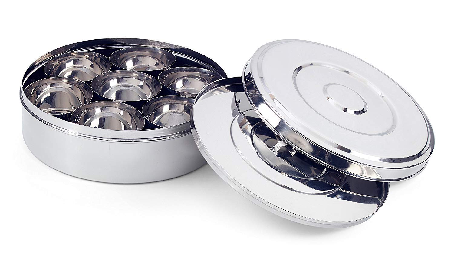Stainless Steel Round Spice Box Kitchen Masala Dabba 7 Compartments with Double Lid, 8 Inch (Silver)