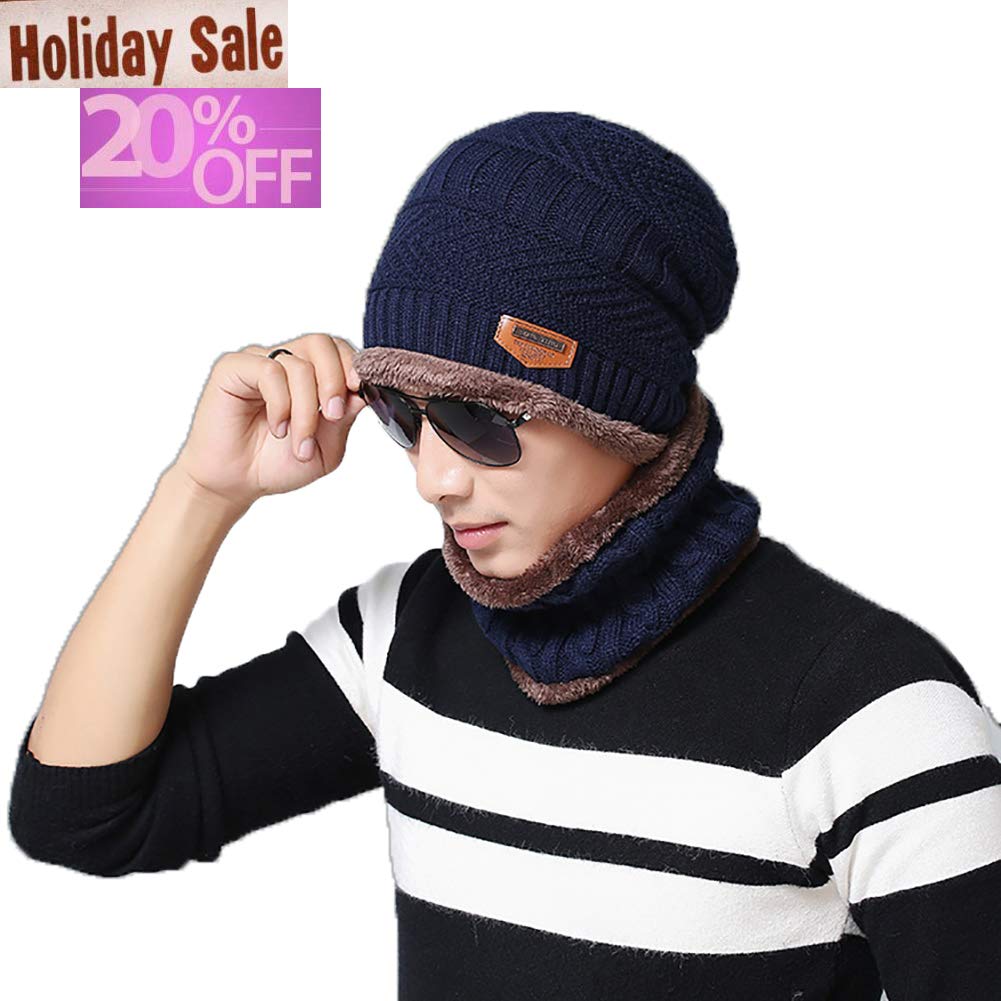 Blevla 2-Pieces Winter Beanie Hat Scarf Set Warm Knit Hat Thick Knit Skull Cap For Men Women Navy