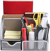 OKPOW Mesh Desk Organiser 6 Compartments with 1 Slide Drawer Silver view 5