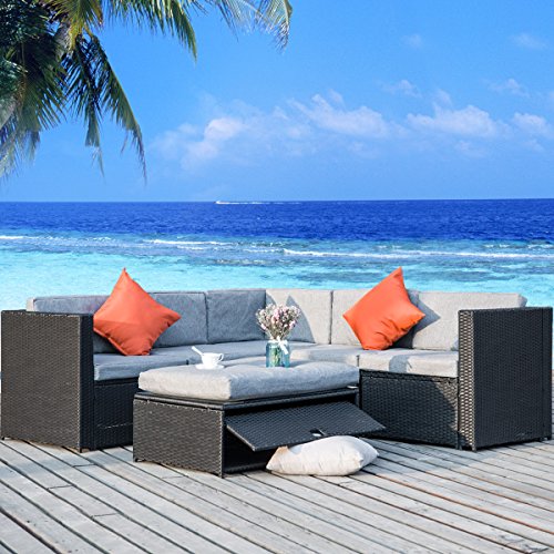 Merax 4 Piece Cushioned Outdoor Patio PE Rattan Furniture Set Sectional Garden Sofa (Black ratta ...