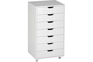 Vinsetto Vertical Filing Cabinet, 7-Drawer File Cabinet, Mobile Office Storage Cabinet with Wheels for Home Office, White