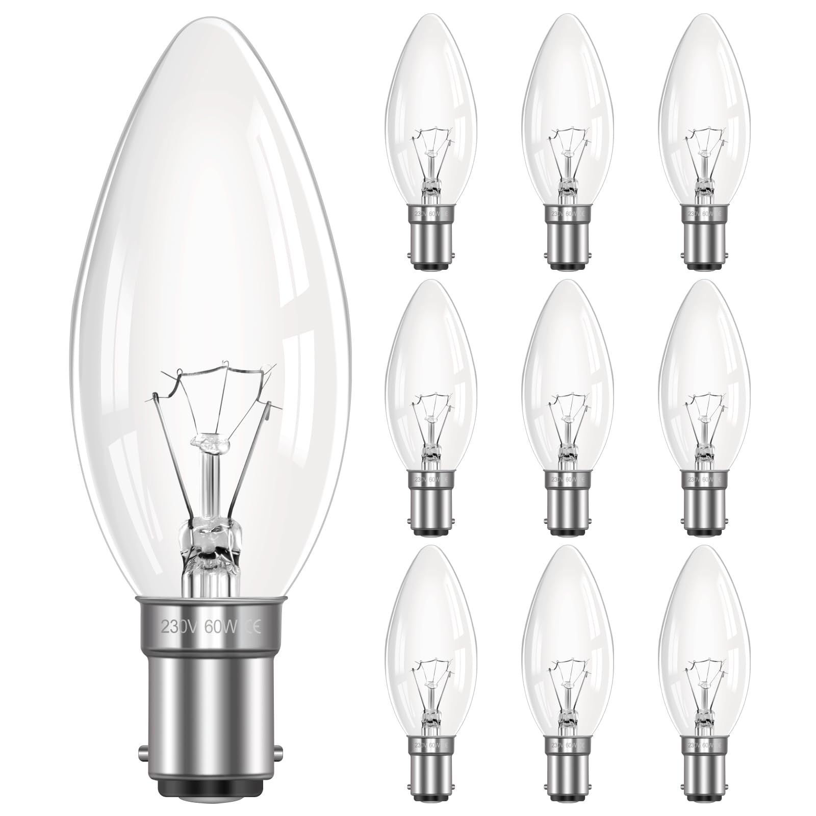 Morotty B15 Dimmable Candle Bulbs, 2700K Warm White, 600LM, Small Bayonet SBC for Ceiling Lights, Chandelier, Wall Lights- 10 Pack