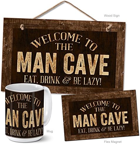 Man Cave Home Decor Bundle Pack (1 Wood Sign, 1 Mug, 1 Magnet)