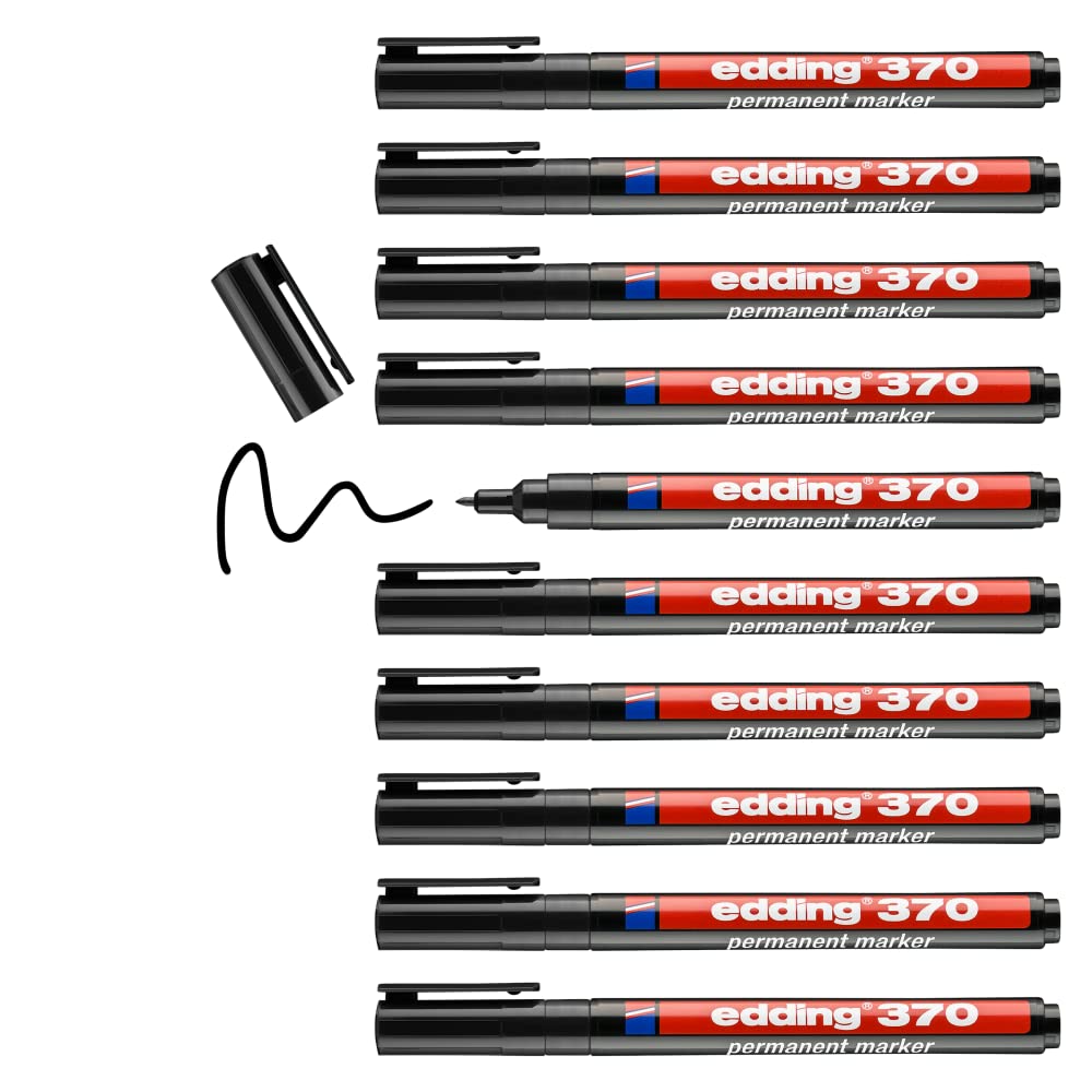 edding 370 - black - box of 10 - fine bullet nib 1 mm - waterproof, quick-drying - multi-purpose marker, universal pen - for cardboard, plastic, wood, metal, glass, pebbles, canvas