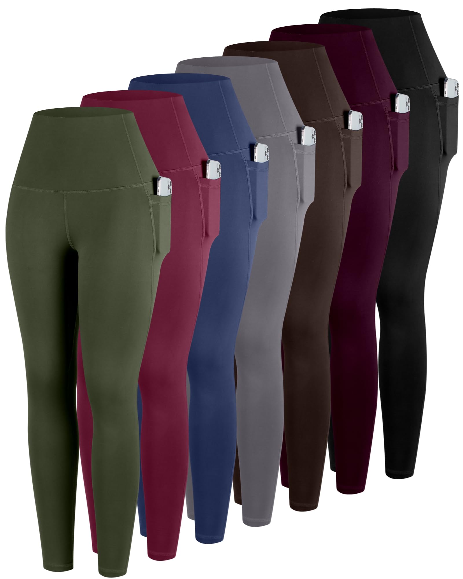 Photo 1 of ATHVOTAR Leggings with Pockets for Women, 7 Packs High Waisted Workout Tummy Control Yoga Pants Black/Gray/Navy/Burgundy/Army Green/Dark Brown/Cassis L