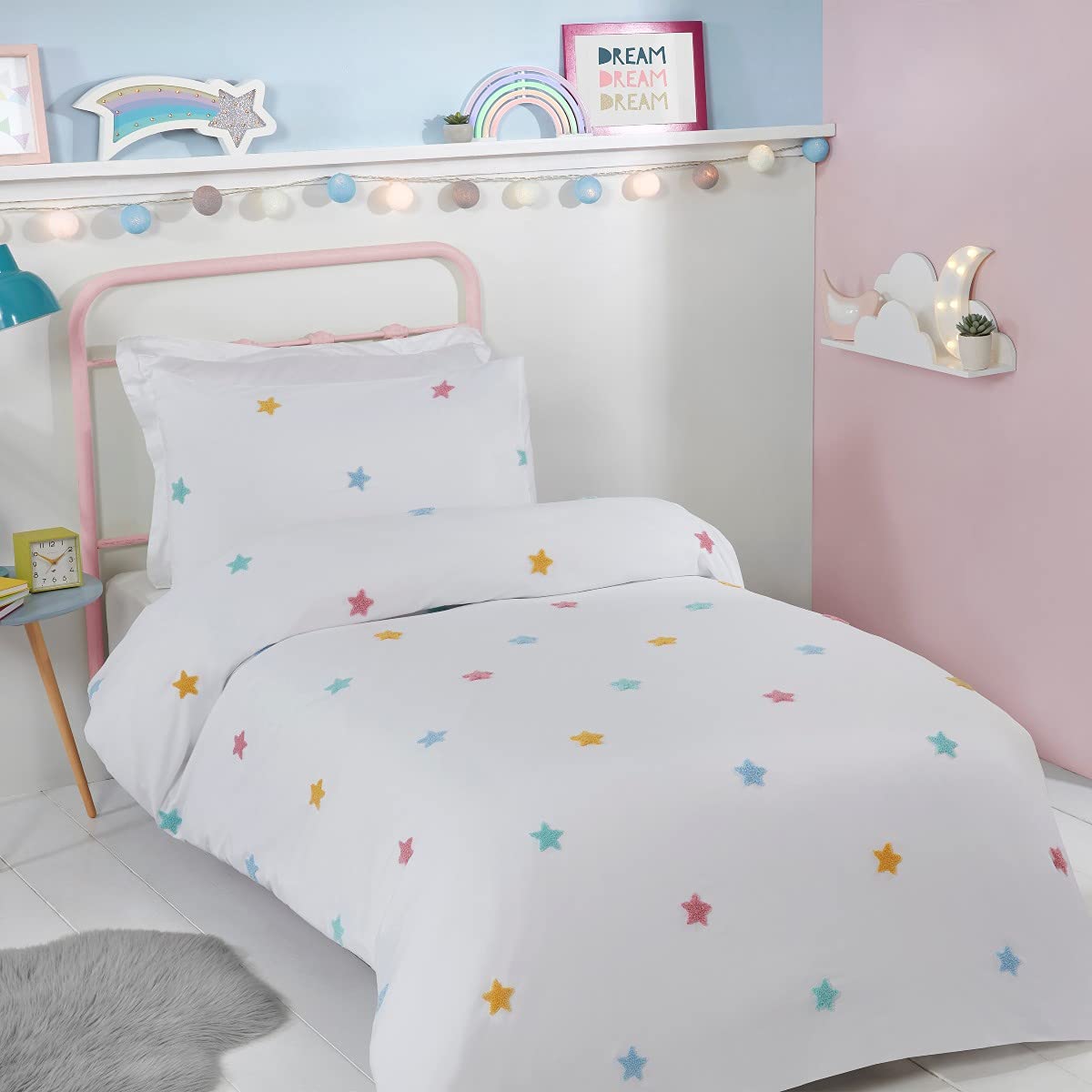 Sleepdown Tufted 3D Stars White Multicolour Kids Boys Girls Childrens Soft Cosy Easy Care Duvet Cover Quilt Bedding Set with Matching Pillowcases-Double (200cm x 200cm), Polyester
