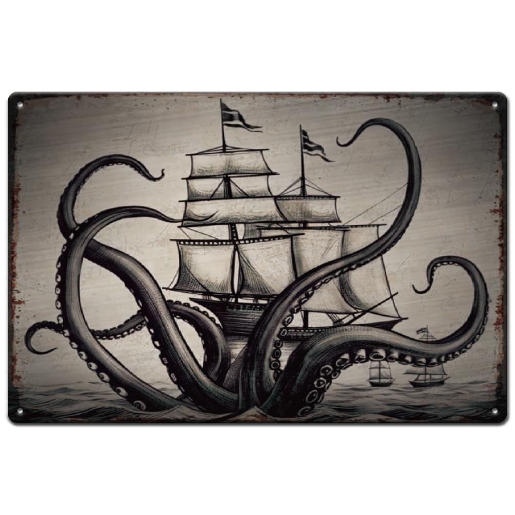 SUPERDANT Tin Sign Octopus Sailing Boat Tin Signs Retro Octopus The Sailing Boat Metal Sign Decorative Art Sign Metal Signs for Bars Playroom Man Cave Wall Decoration Plaque Sign