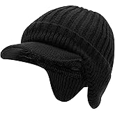 Mikovivi Hat with Brim and Ear Flaps for Men Women, Warm Soft Fleece Lined Beanie Knitted Hat Cap for Cold Weather Winter Outdoor Activities Black