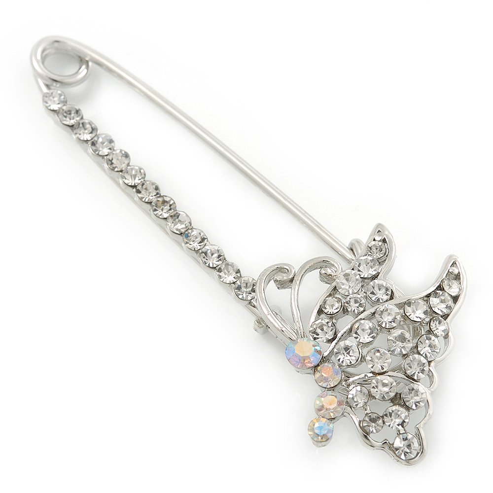 Rhodium Plated Crystal 'Butterfly' Safety Pin - 75mm Length