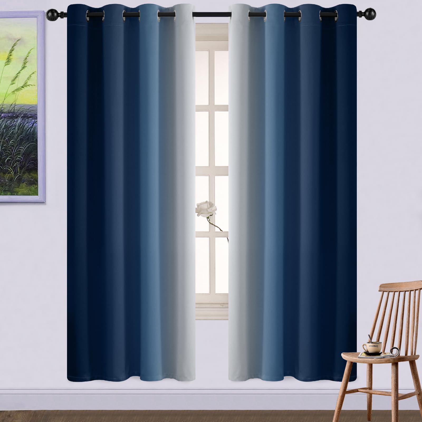Yakamok 72 Inch Length Blackout Light Blocking Grommet Window Drapes, Blue and Greyish White Room Darkening Gradient Color Curtains for Bedroom (52x72 Inch, Set of 2)