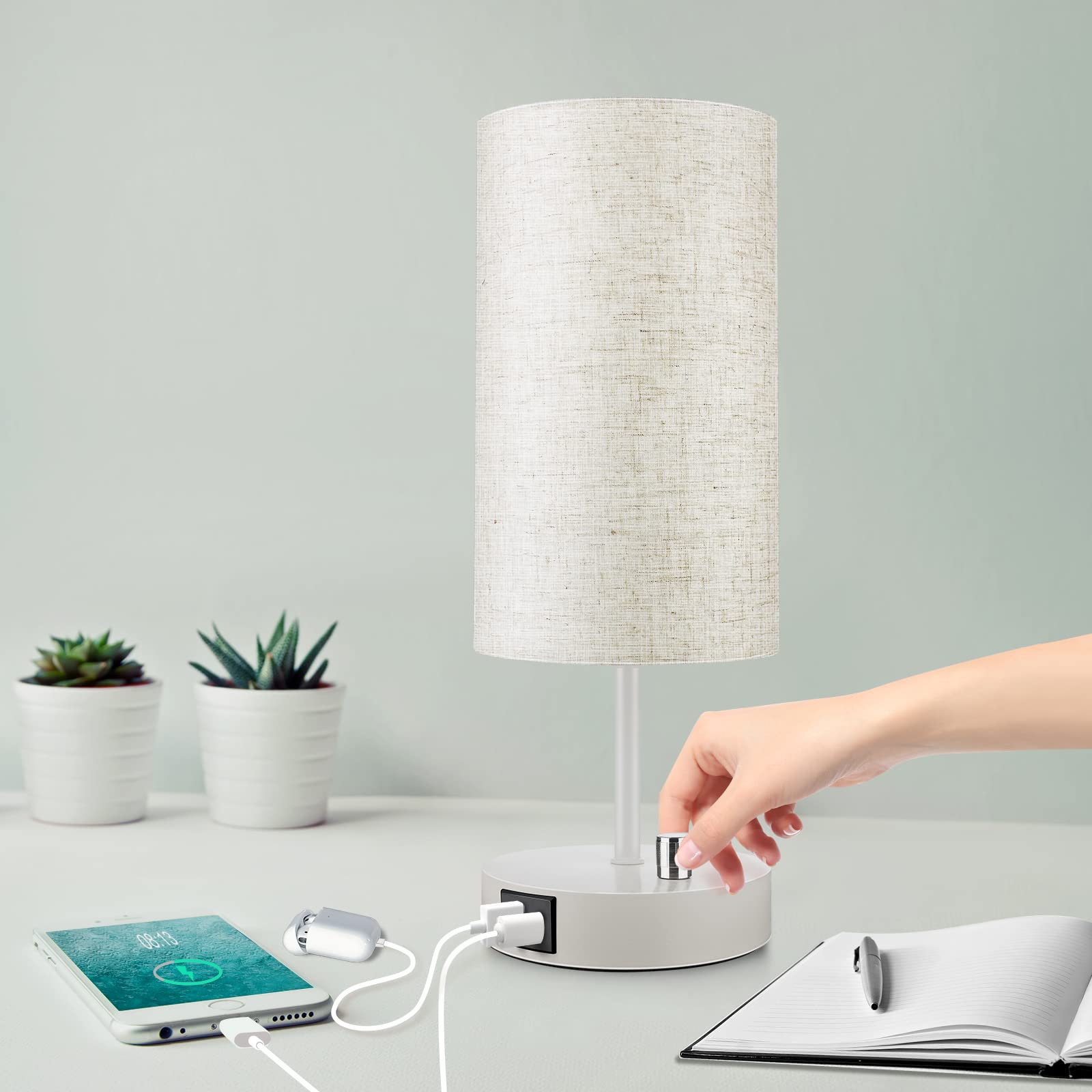 Wondlumi Table Lamp for Bedroom, Stepless Dimmable Bedside Light with USB Port, White Modern Nightstand Desk Lamps with Flaxen Fabric Shade for Living Room,（LED Bulb Included）