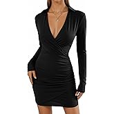 QIANZHIDU Women's Leopard Collar Deep V Neck Long Sleeve Bodycon Mini Club Dress