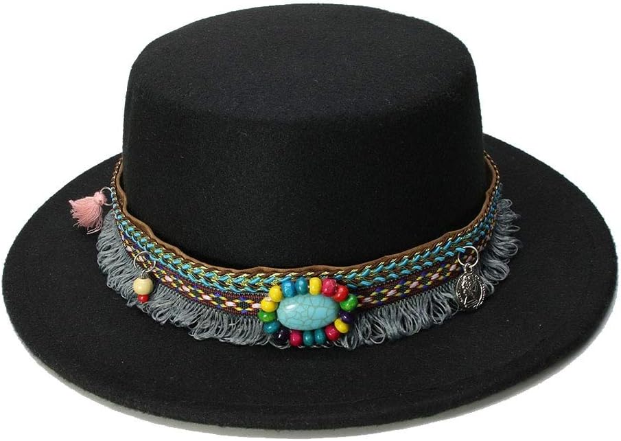 Kid Wool Wide Brim Cap Girl Fedora Pork Pie Porkpie Bowler Hat Tassel Turquoise Leather Band (54cm/Adjusted)
