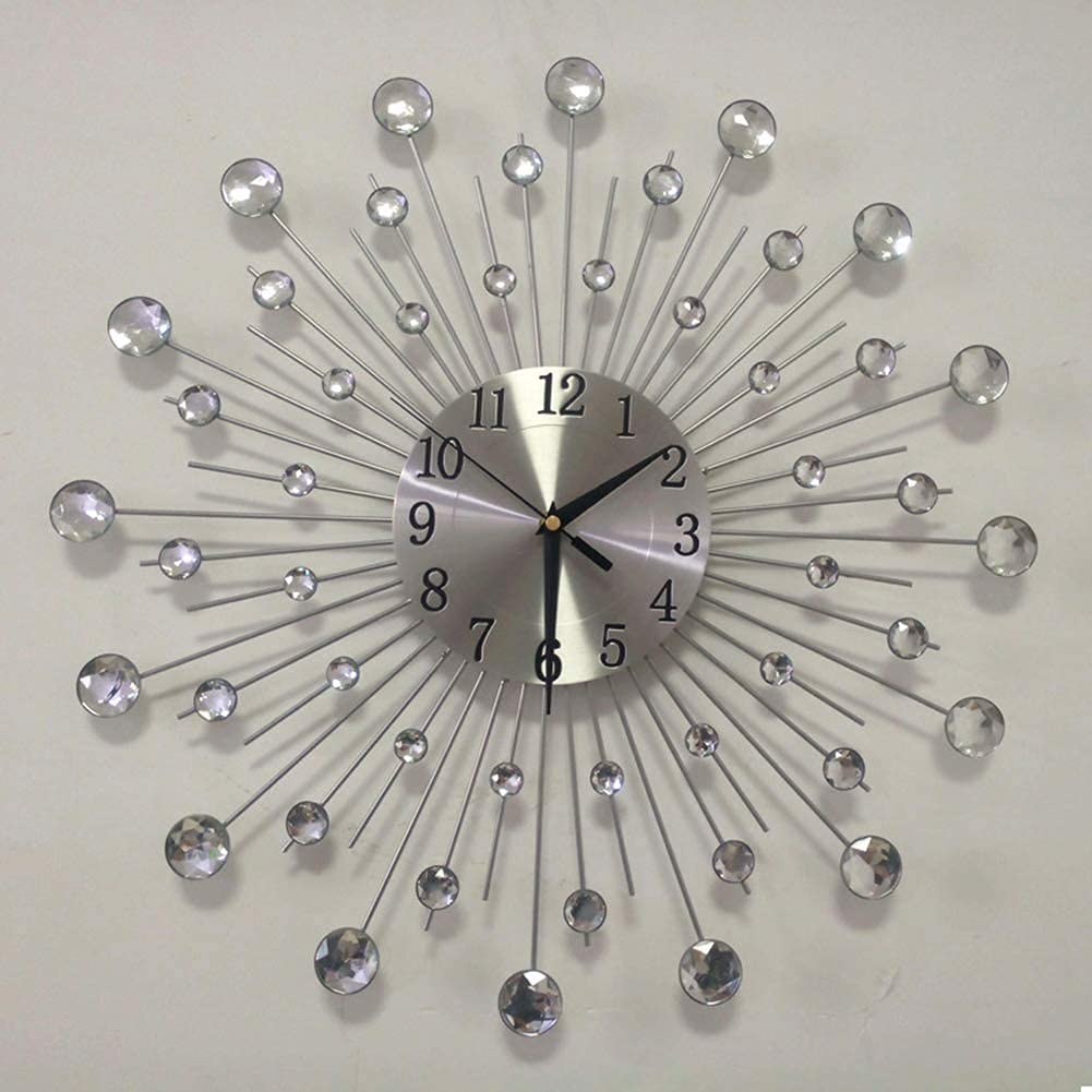 GOTOTOP Silver Diamond Wall Clock, Luxury Modern Fashion Round Design Silver Diamond Clock Décor, Metal Art Dial 3D Crystal Mute Wall Clock for Living Room Bedroom