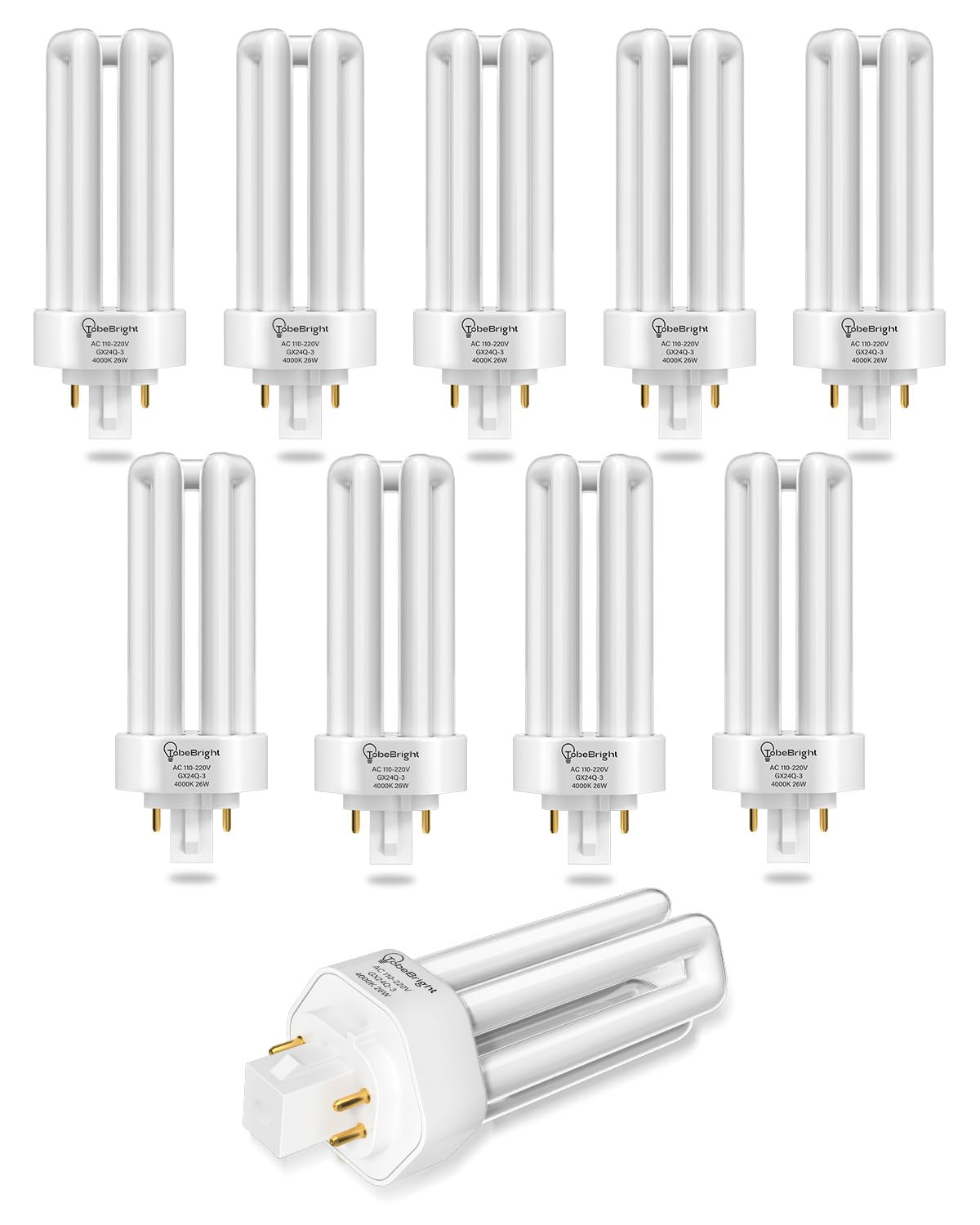 TobeBright 26W Gx24Q-3 4 Pin Compact Fluorescent Lamp, Neutral White 4000K 4 Pin CFL Lamp Energy Saving 3U Shape for Bathroom, Bedroom, Kitchen, Garage Lab, 10-Pack