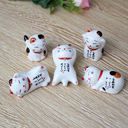 Lovely Cat Shape Chopsticks Holder Stand Ceramic Chopsticks Forks Holder Home Decoration Chopsticks Holder (Set of 5)