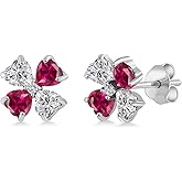 Gem Stone King 925 Sterling Silver Lab Grown Diamond and Red Created Ruby Stud Earrings for Women | 2.15 Cttw | Gemstone April Birthstone | Heart Shape 4MM
