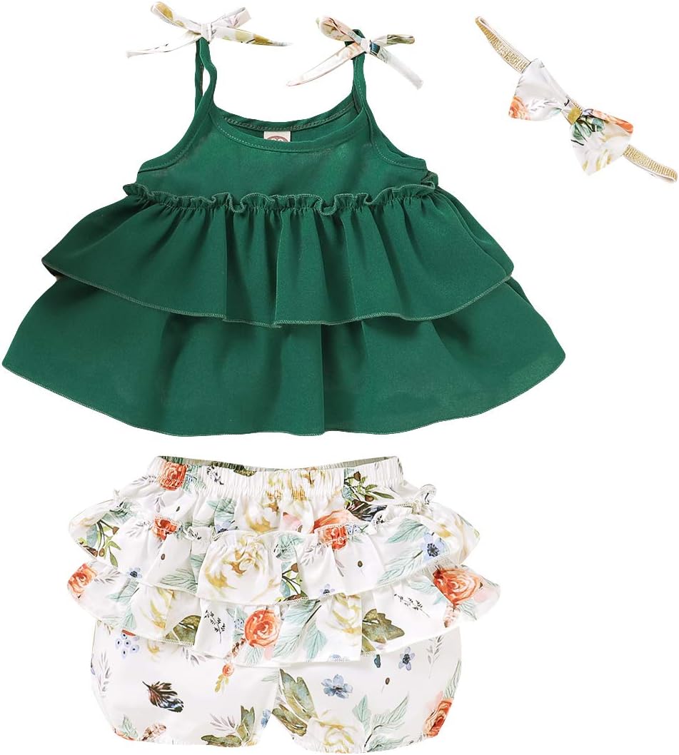 SANMIO 3PCS Newborn Toddler Baby Girl Clothes Outfits, Floral Ruffle Short Sleeve Tops + Pant Set with Headband