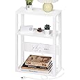 YUFAM 3-Tier Small Narrow Wood Side Table with Charging Station, Skinny Nightstand for Small Space, Slim Bedside Table with Storage for Couch, Thin End Table with USB Ports and Outlets, White