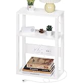 YUFAM 3-Tier Narrow Bedside Table with Charging Station, Skinny Nightstand | Thin Side Table for Small Spaces, Slim End Table