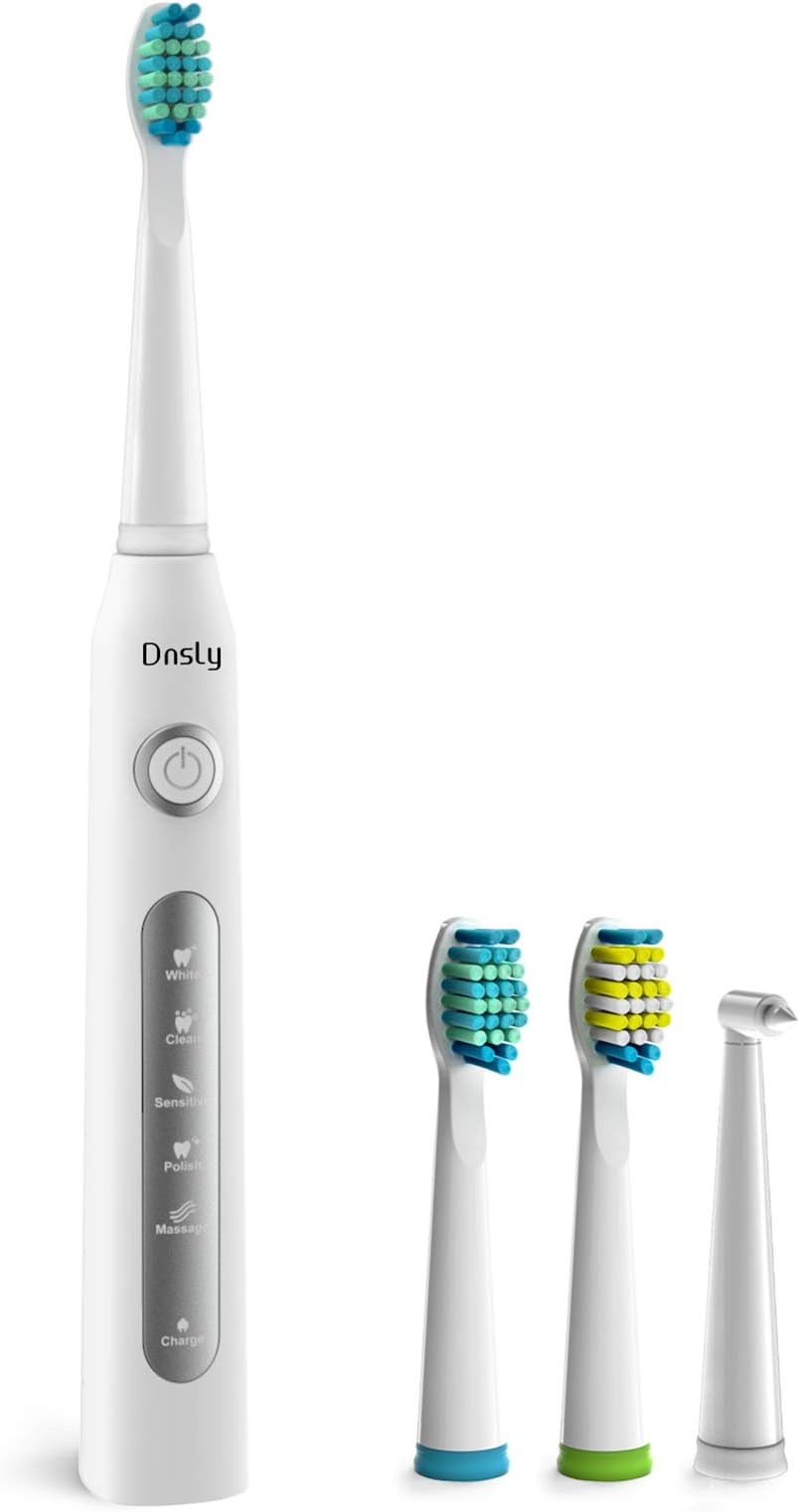 Electric Toothbrush Clean as Dentists, Rechargeable Sonic Toothbrushes Built-in Smart Timer and 5 Deep Cleaning Modes, with 3 Replacement Brush Heads, Waterproof, White