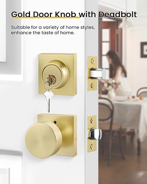 GOLDENWARM 2 PACK BRUSHED GOLD DOOR KNOB WITH DEADBOLT, CONTEMPORARY GOLD DOOR KNOBS EXTERIOR WITH DEADBOLT ZINC-ALLOY HEAVY DUATY BRASS FRONT DOOR KNOB AND DEADBOLT SET