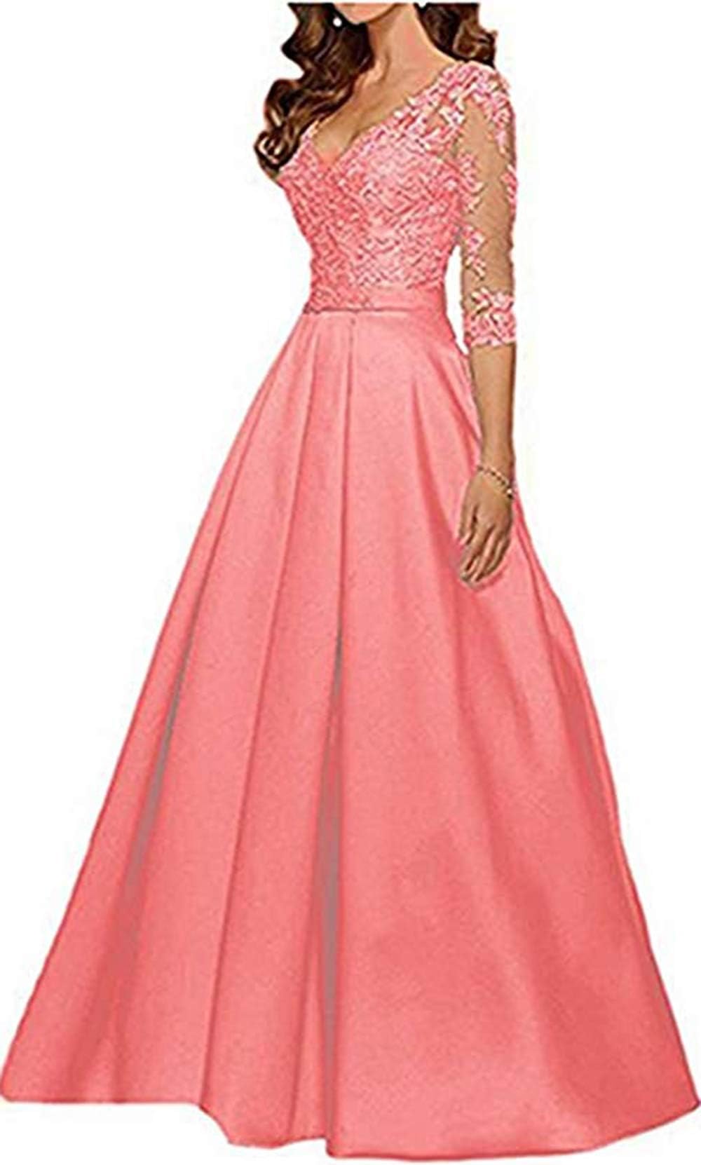 Womens 3/4 Sleeves Prom Dress Long Lace Mother Of The Bride Dress