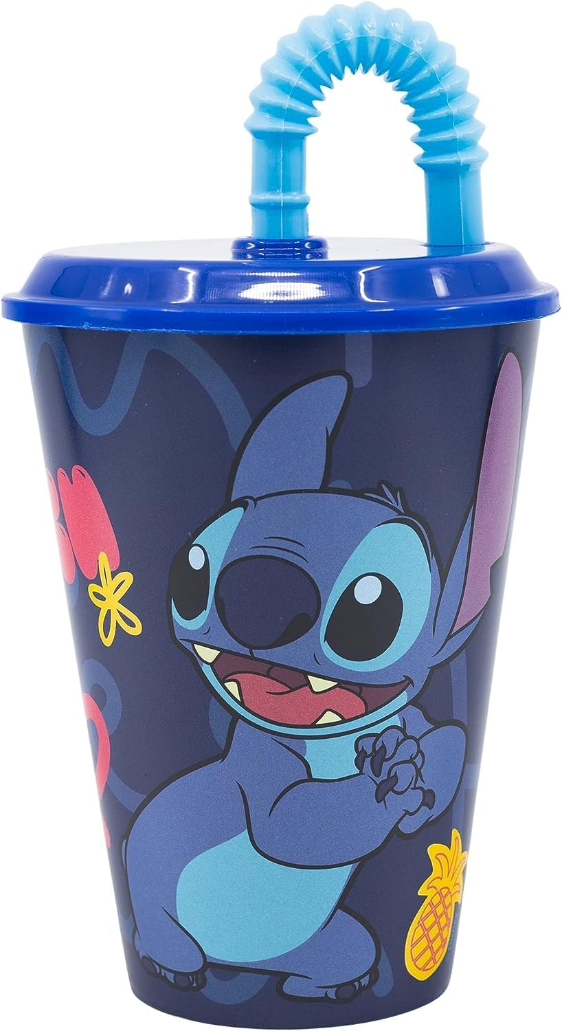 Golddunes Kids Character Sports Tumbler 430ML Drinking Re-usable Plastic Cup with Re-Usable Straw (Stitch)