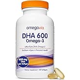 OmegaVia DHA 600 mg, Ultra Pure Omega-3 DHA Supplements for Brain and Eyes, DHA Prenatal Vitamins for Women, Burpless Fish Oil Omega 3, IFOS Tested, 120 Softgels