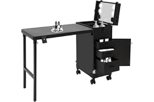 sjcdicnj Portable Rolling Manicure Table for Nail Teach, Foldable Traveling Nail Desk w/Storage, Mobile Nail Table w Adjust Light 3 Drawers Storage, Makeup Train Case Cosmetic Trolley (Black)