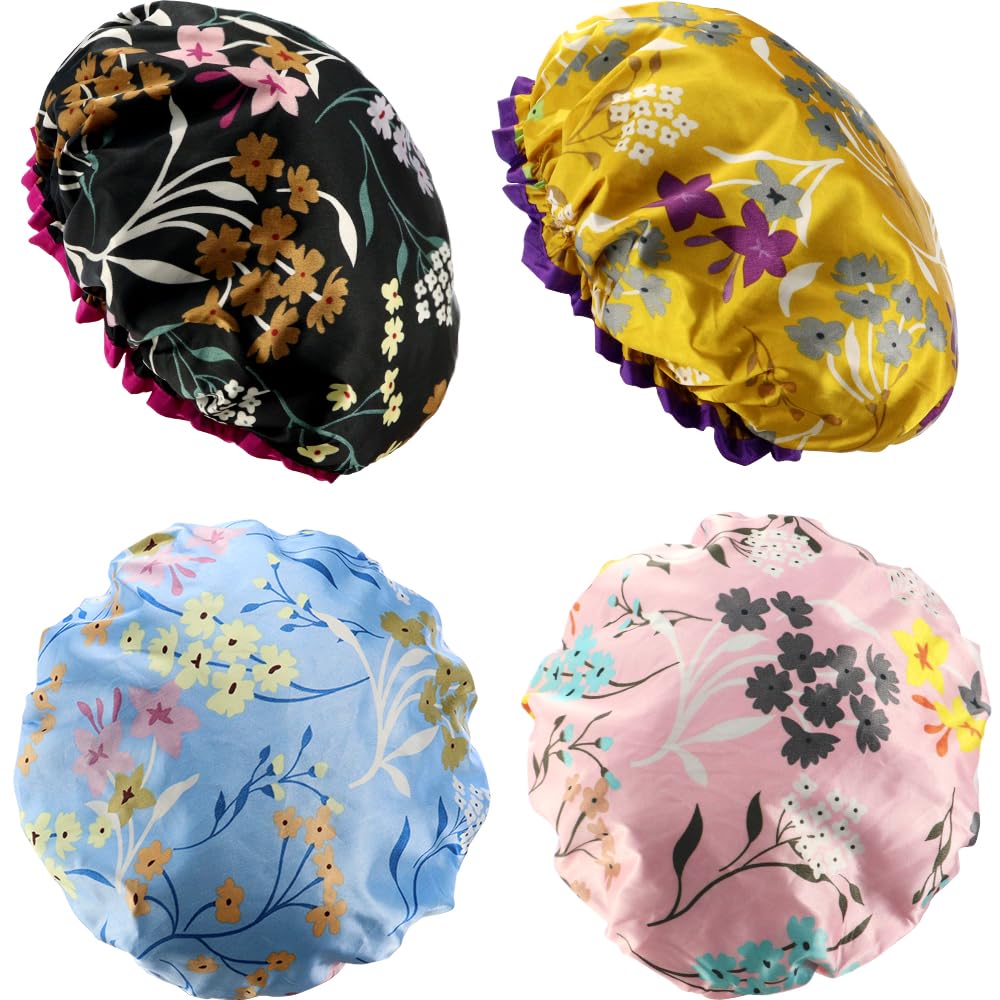 Photo 1 of 4 Pcs Reusable Waterproof Shower Hat with PEVA Lining Double Layers Elastic Satin Large Shower Caps Washable Shower Hats for Girls Women Long Hair All Hair Lengths